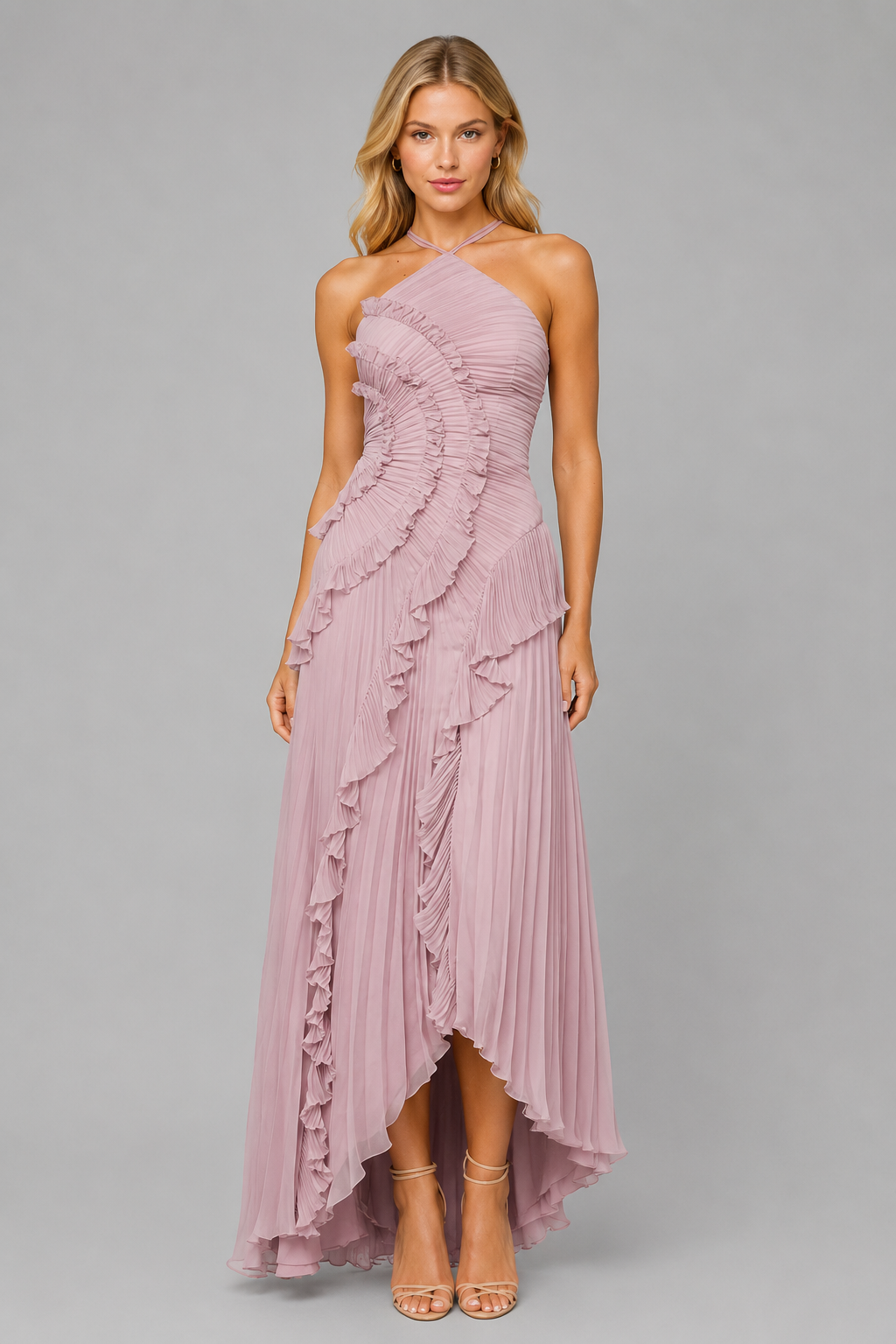 Women's Romantic Pleated Ruffle Halter Maxi Dress
