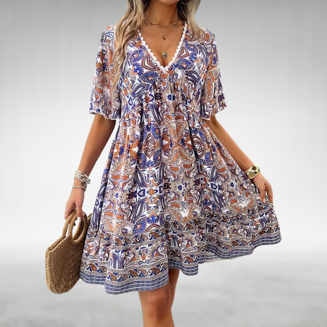 Women's Free-Spirited Boho Printed V-Neck Casual Mini Dress