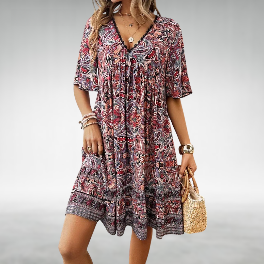 Women's Free-Spirited Boho Printed V-Neck Casual Mini Dress