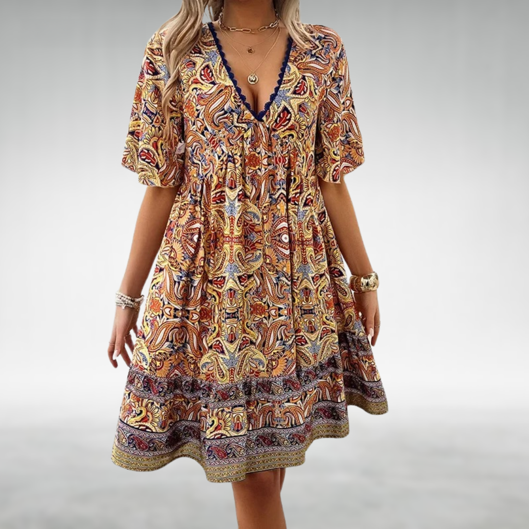 Women's Free-Spirited Boho Printed V-Neck Casual Mini Dress
