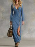 Women's V-Neck Button Front Maxi Dress