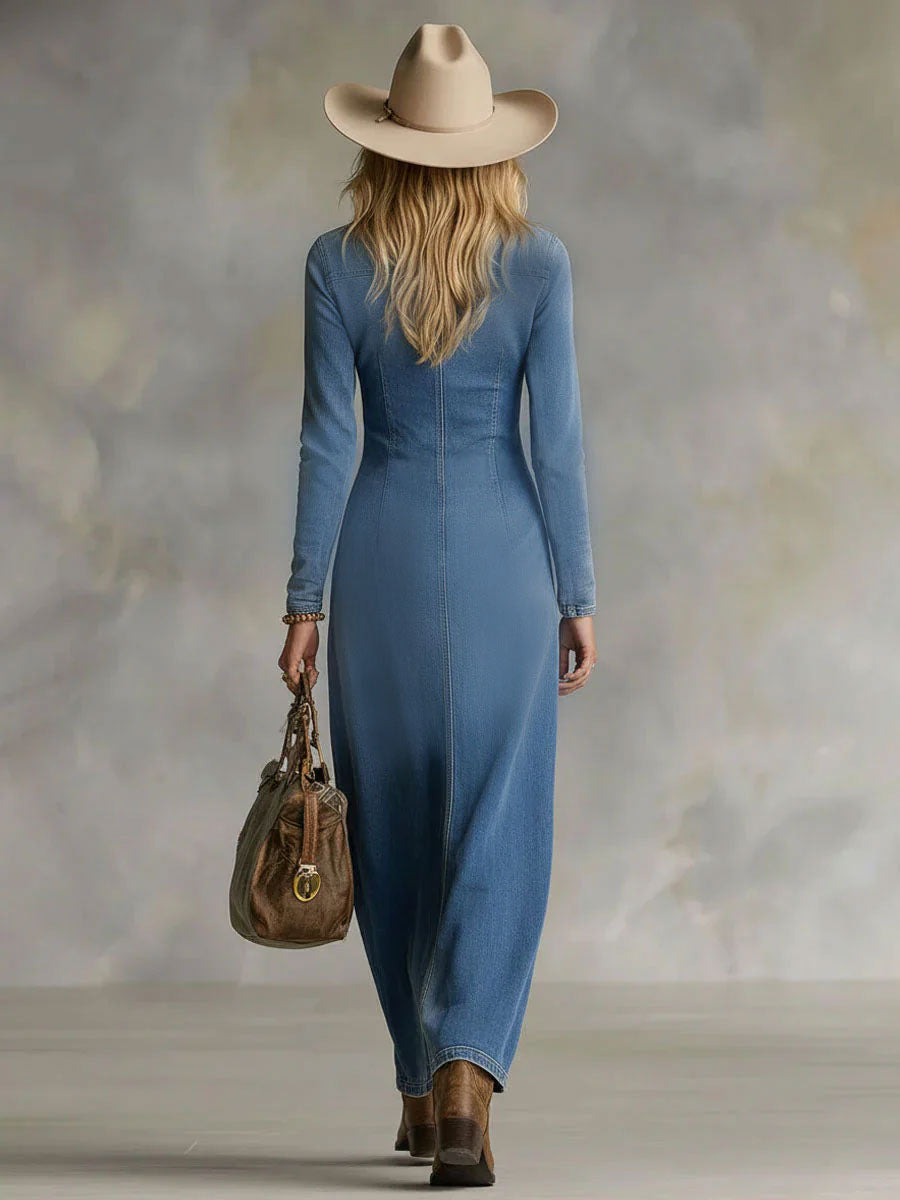 Women's V-Neck Button Front Maxi Dress