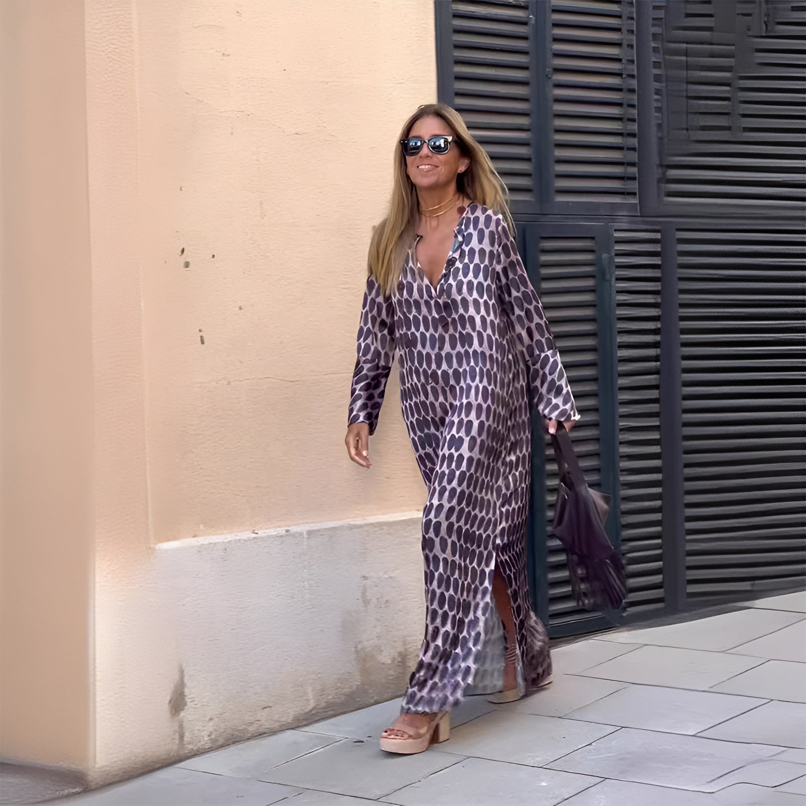 Women's Elegant Long Sleeve Printed Floral Maxi Dress