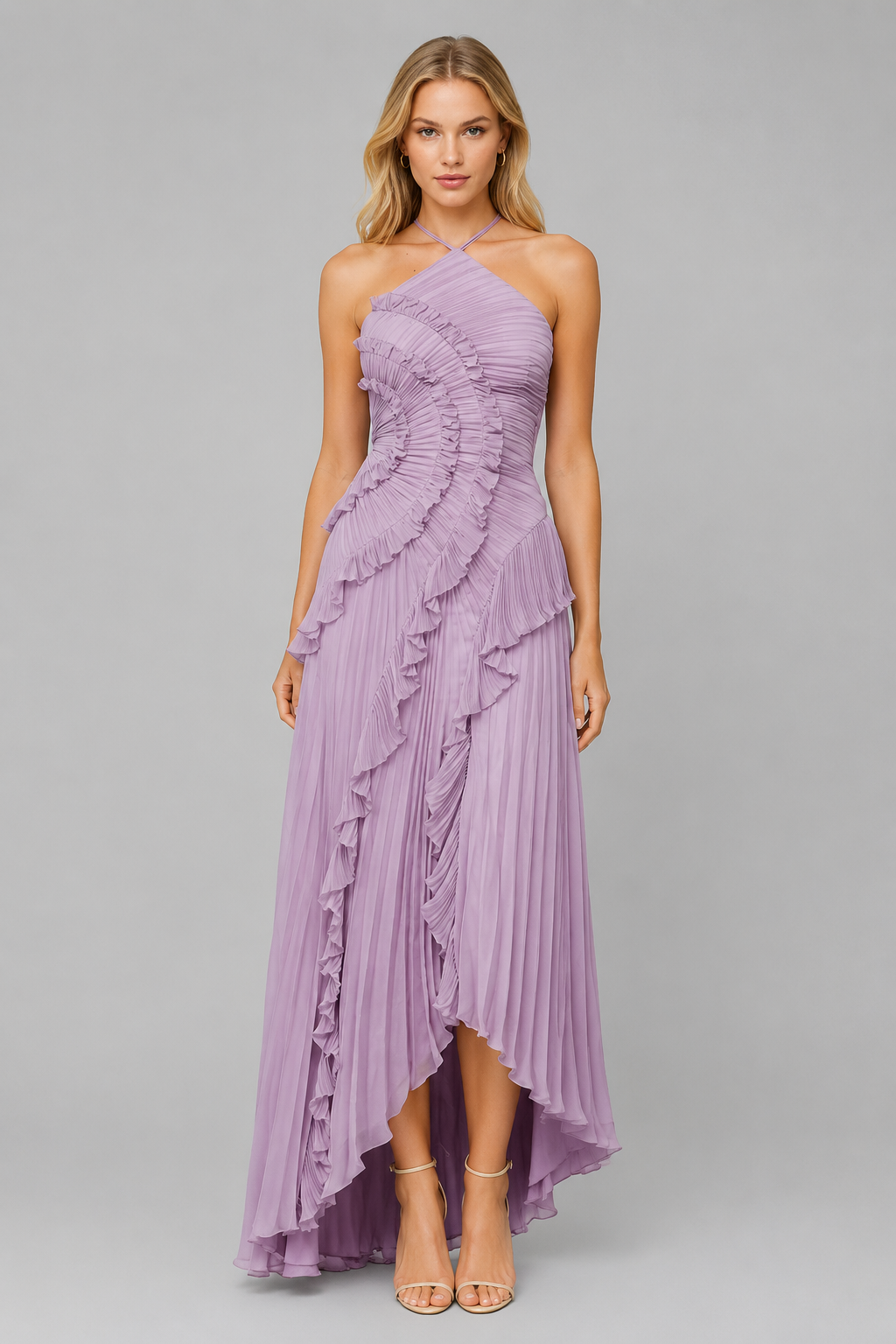 Women's Romantic Pleated Ruffle Halter Maxi Dress