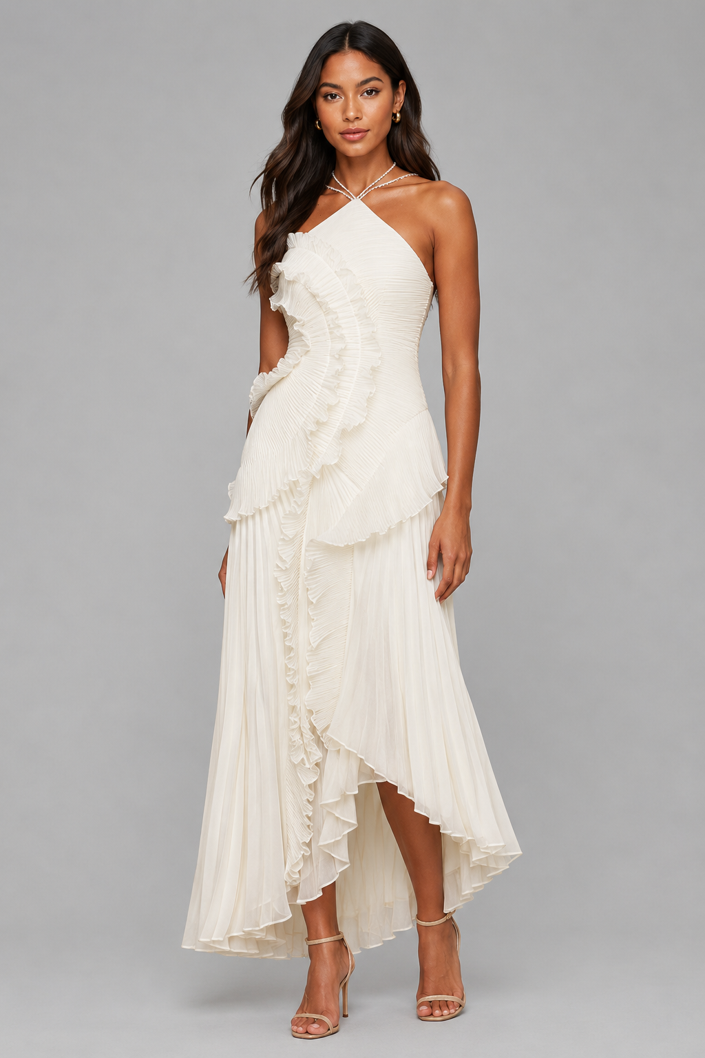 Women's Romantic Pleated Ruffle Halter Maxi Dress