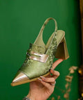 Women’s Embroidered Pointed Toe Slingback Heels – Statement Block Heel Design