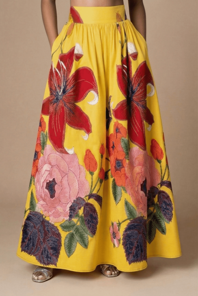 Women’s Floral Maxi Skirt with High Waist and Pleated A-Line Silhouette
