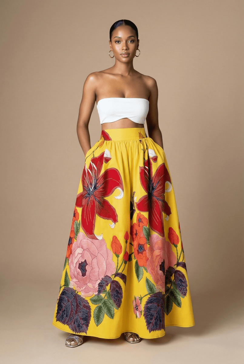 Women’s Floral Maxi Skirt with High Waist and Pleated A-Line Silhouette