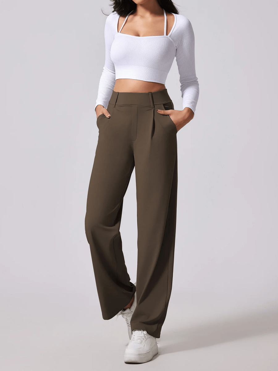 Women’s High-Waist Wide-Leg Pants with Front Pleats and Side Pockets