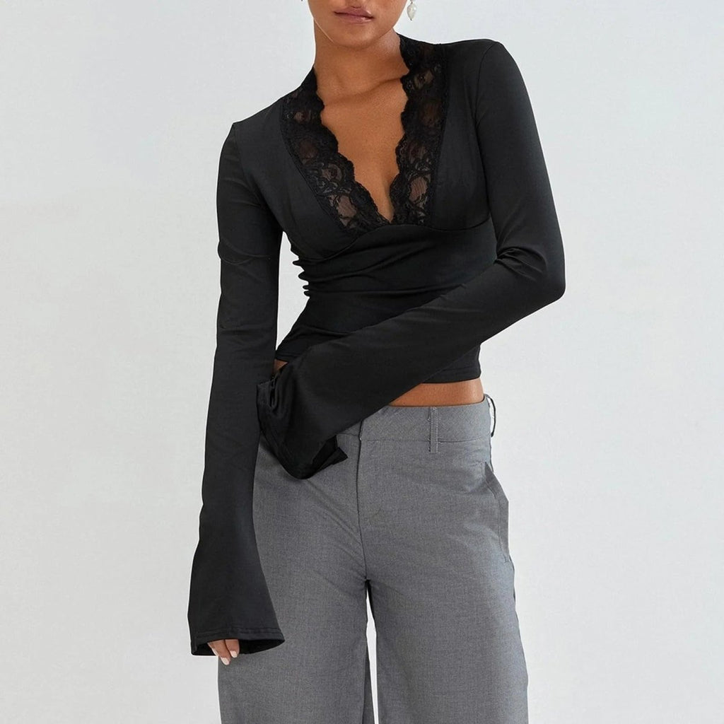 Women’s Lace Bell Sleeve Top with V-Neck Silhouette for Elegant Styling