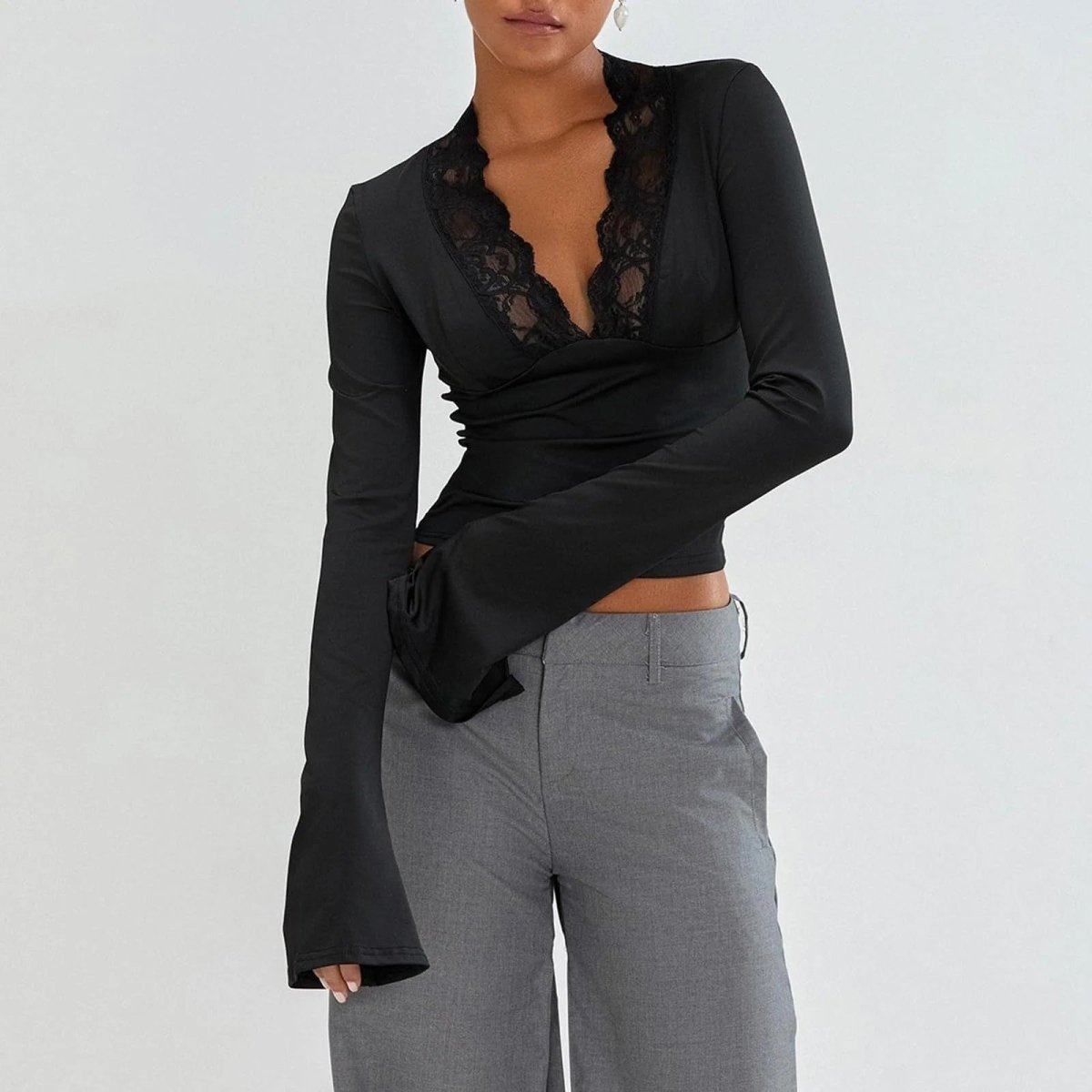 Women’s Lace Bell Sleeve Top with V-Neck Silhouette for Elegant Styling
