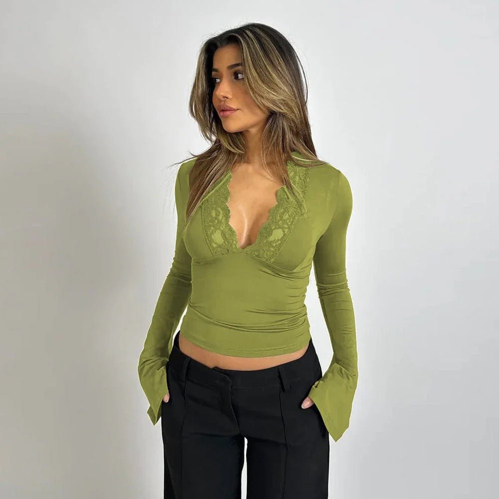 Women’s Lace Bell Sleeve Top with V-Neck Silhouette for Elegant Styling