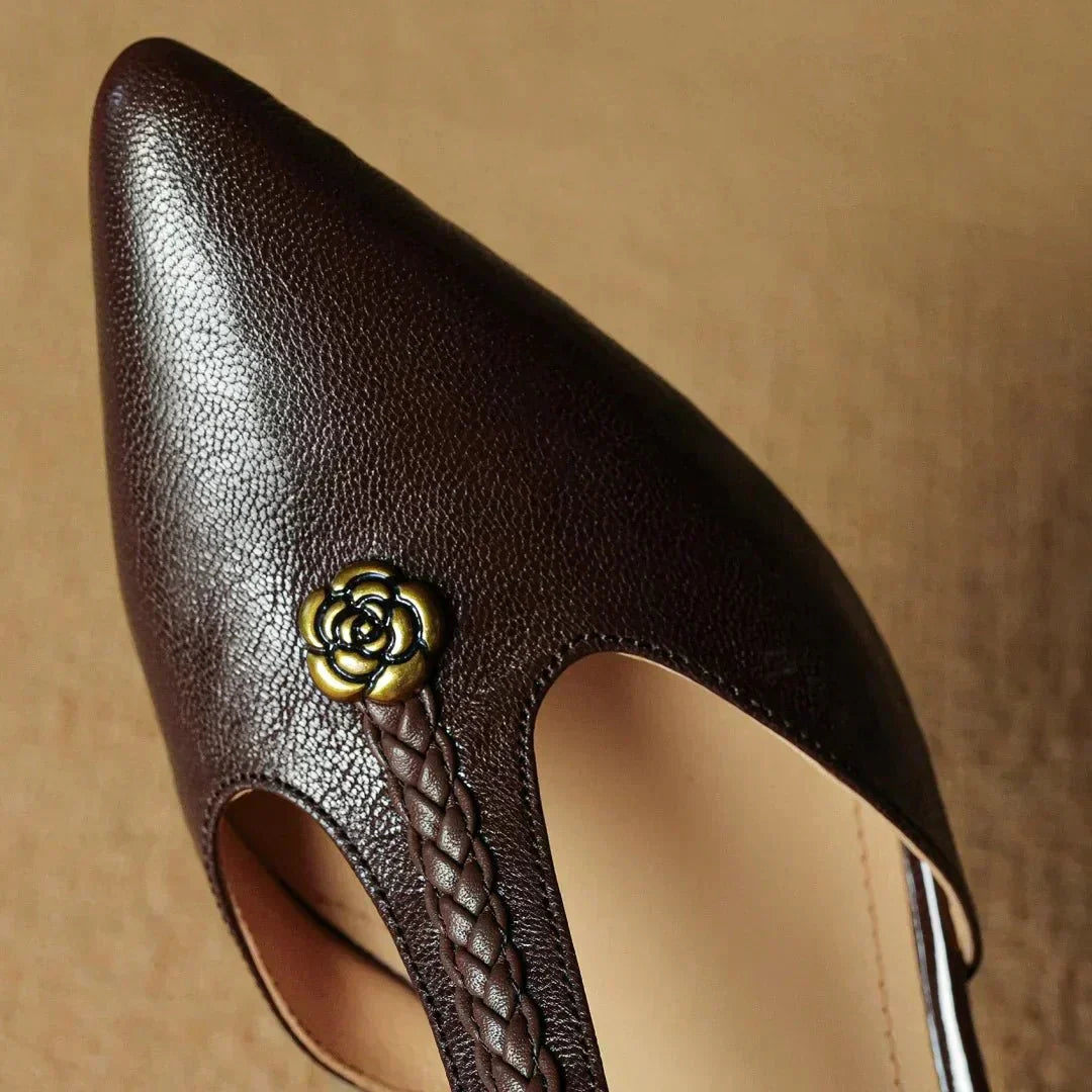 Women’s Leather T-Strap Sandals with Braided Detail and Block Heel