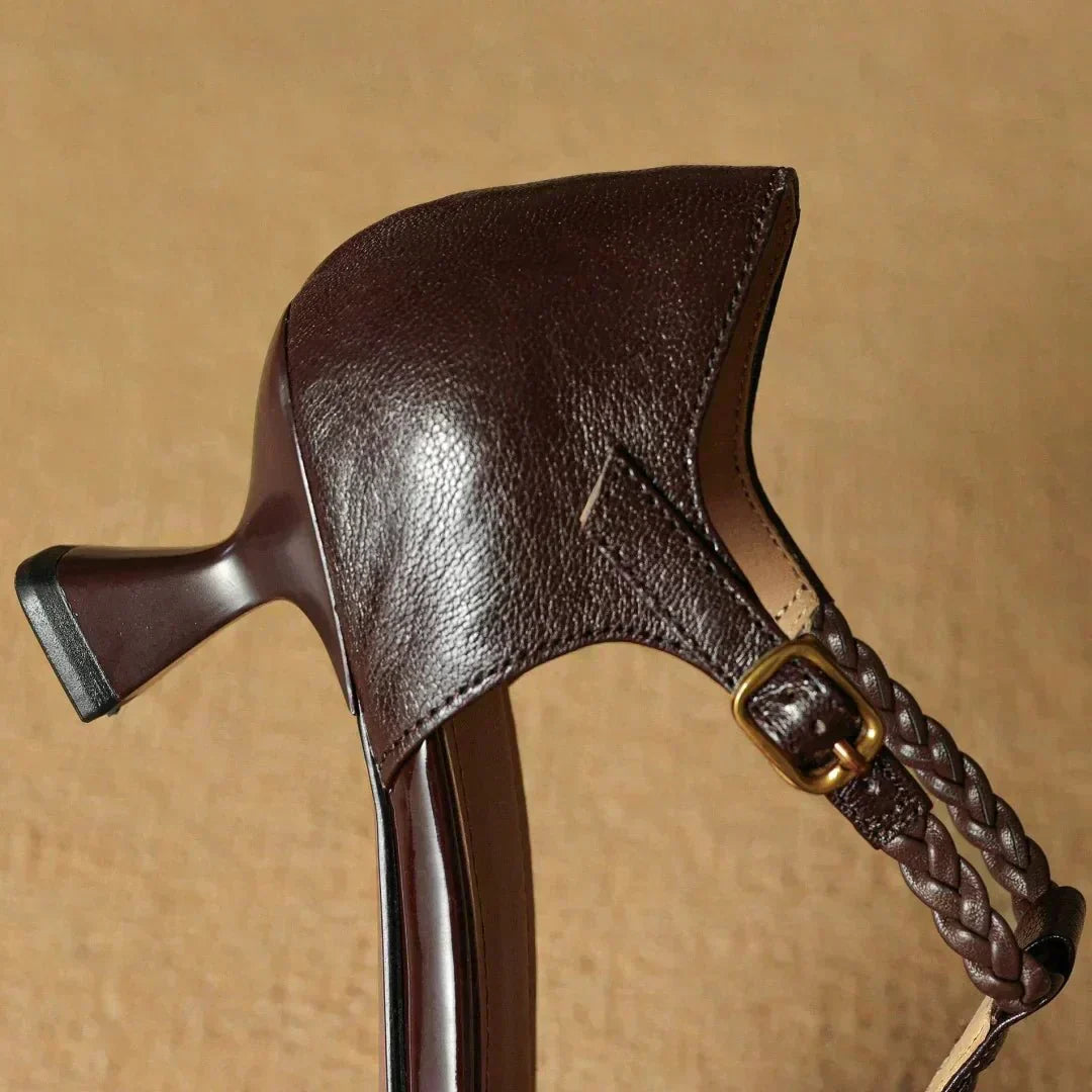 Women’s Leather T-Strap Sandals with Braided Detail and Block Heel