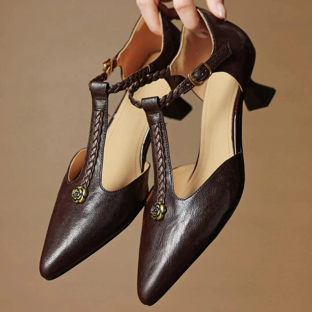 Women’s Leather T-Strap Sandals with Braided Detail and Block Heel