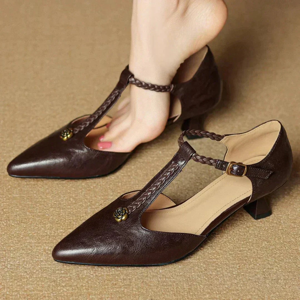 Women’s Leather T-Strap Sandals with Braided Detail and Block Heel