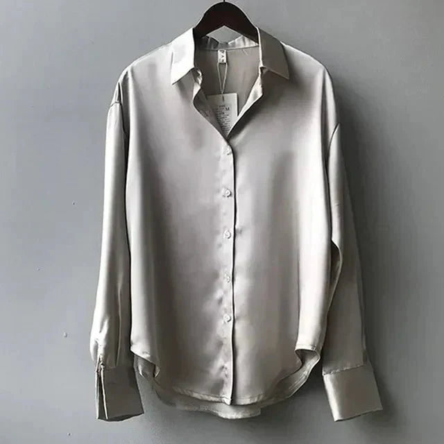 Women’s Long Sleeve Satin Blouse with Button Front and Classic Collar