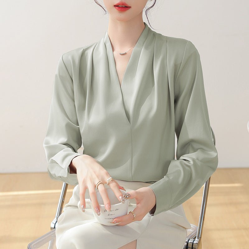 Women’s Long Sleeve V-Neck Blouse with Satin Finish