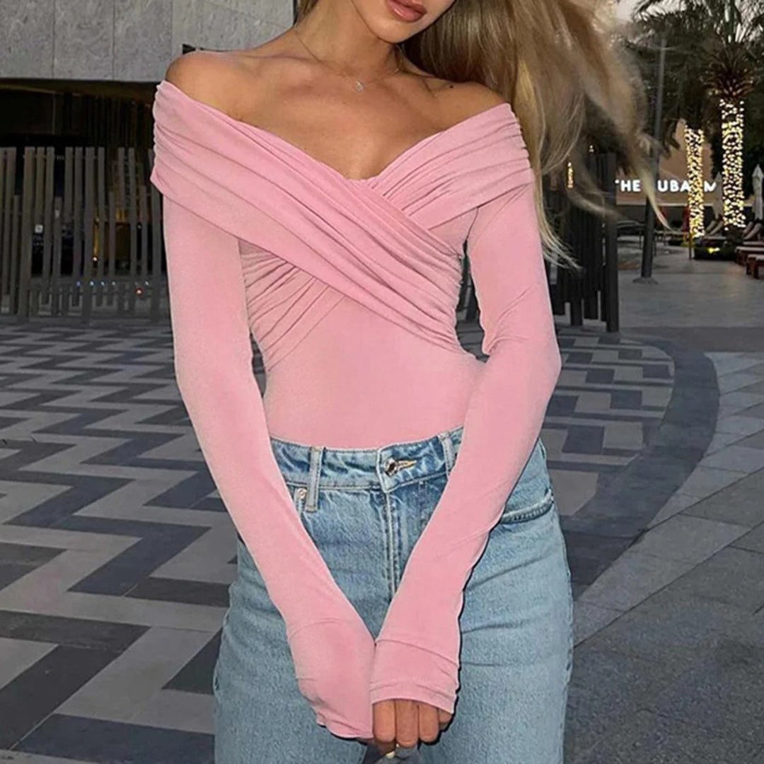 Women’s Off-Shoulder Long Sleeve Top with Wrap Front Design