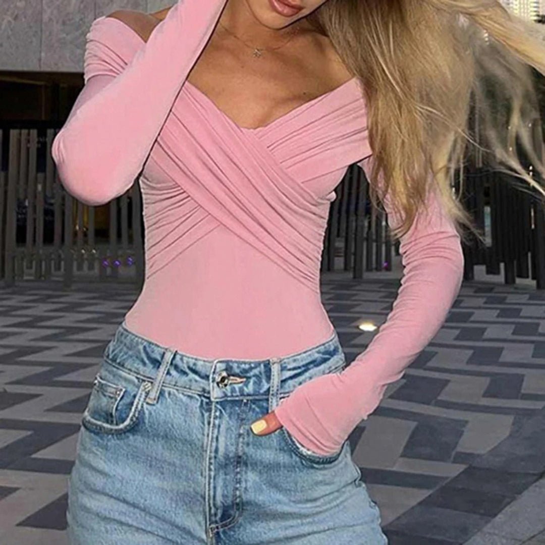 Women’s Off-Shoulder Long Sleeve Top with Wrap Front Design