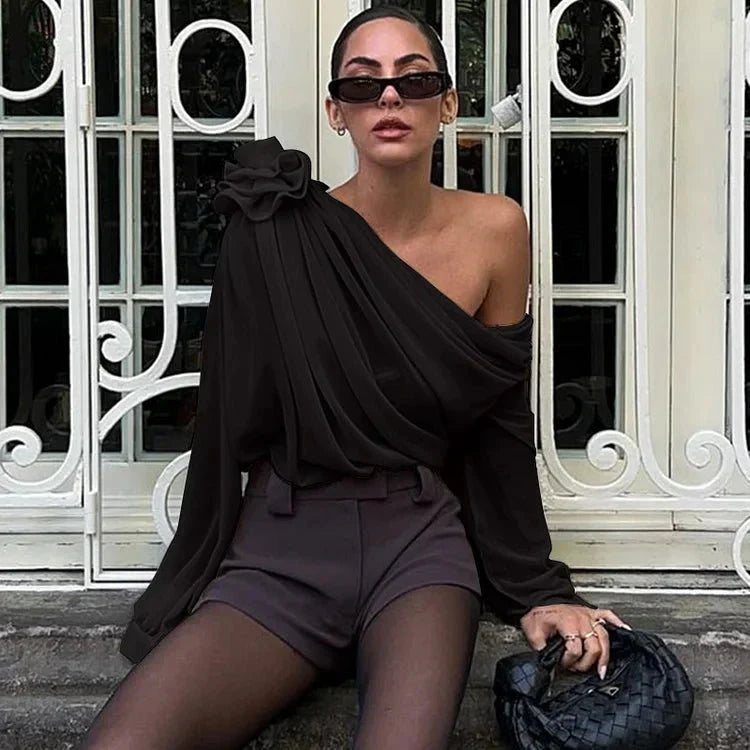 Women’s One Shoulder Blouse with Draped Design and Long Sleeve