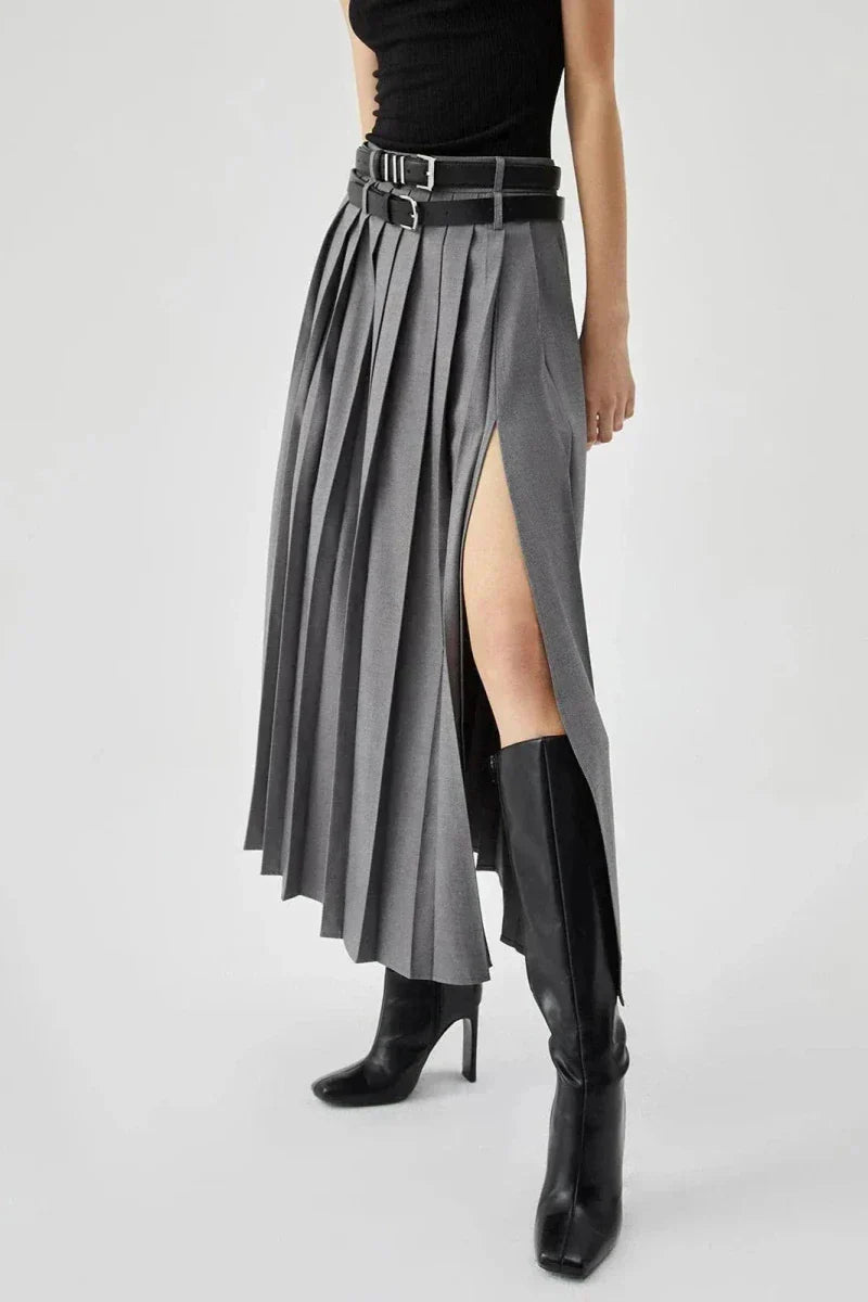 Women’s Pleated Maxi Skirt with High Waist and Side Split