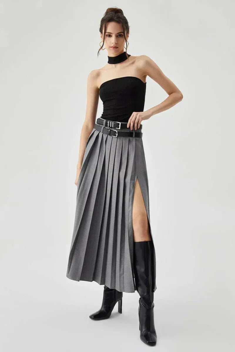 Women’s Pleated Maxi Skirt with High Waist and Side Split