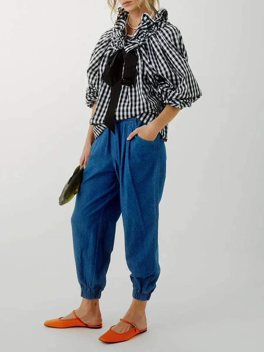 Women’s Ruffle Tie-Neck Blouse – Voluminous Puff Sleeves