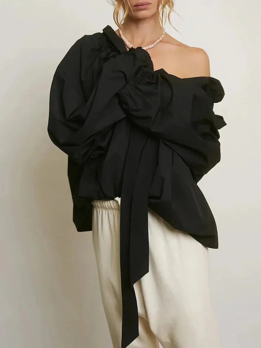 Women’s Ruffle Tie-Neck Blouse – Voluminous Puff Sleeves
