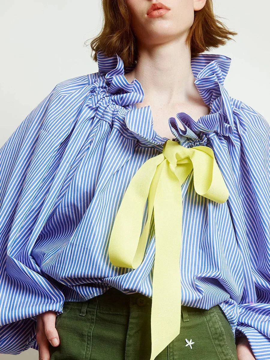 Women’s Ruffle Tie-Neck Blouse – Voluminous Puff Sleeves