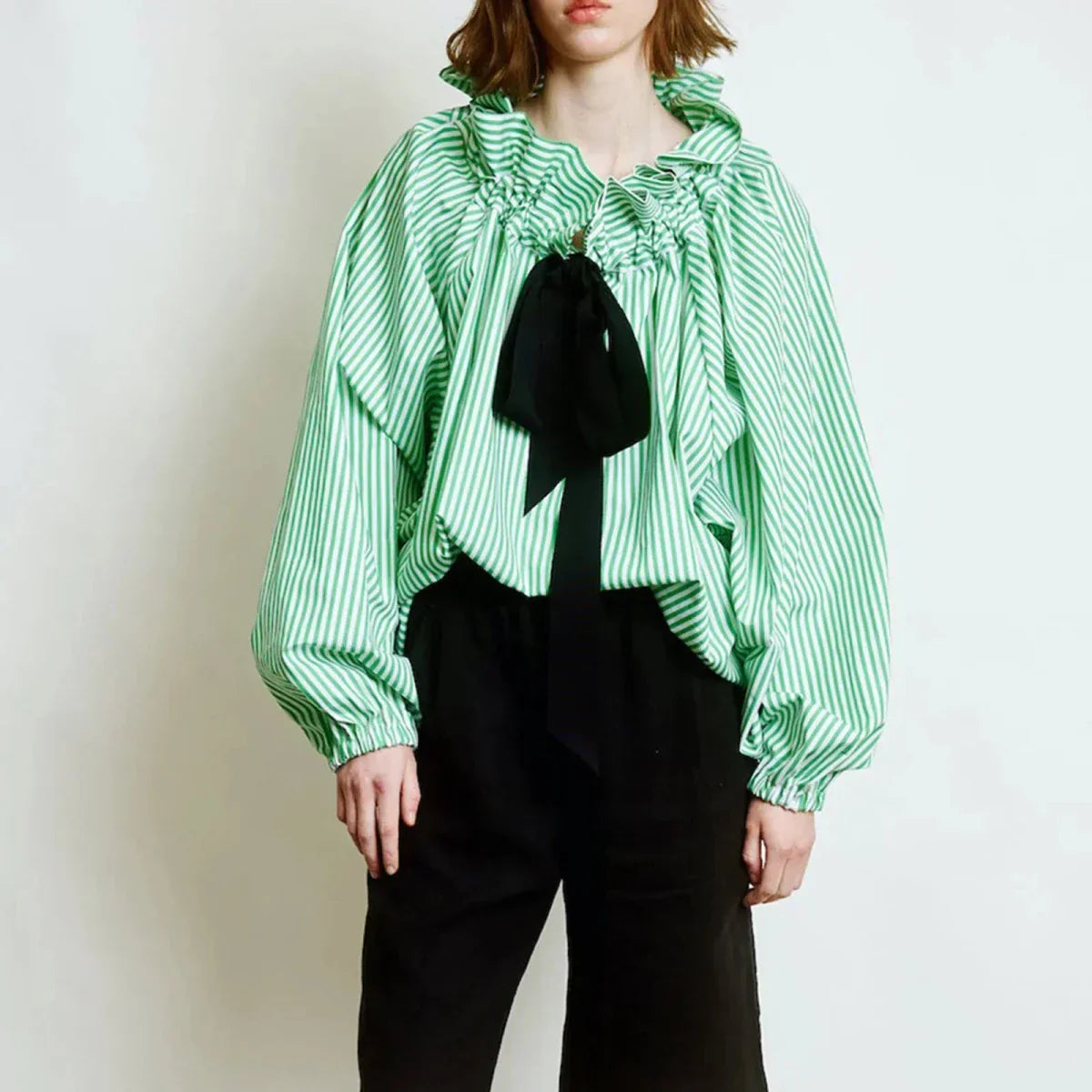 Women’s Ruffle Tie-Neck Blouse – Voluminous Puff Sleeves