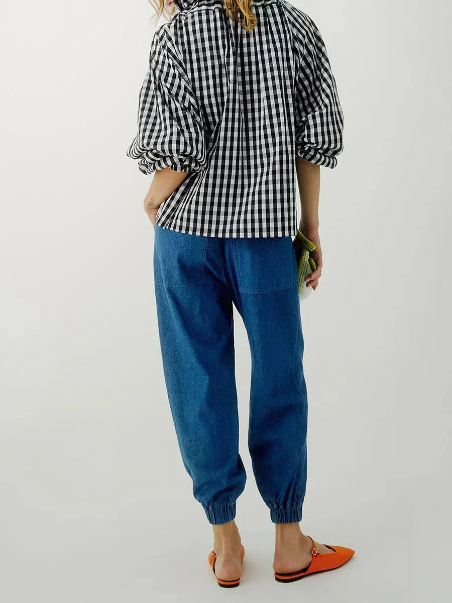 Women’s Ruffle Tie-Neck Blouse – Voluminous Puff Sleeves