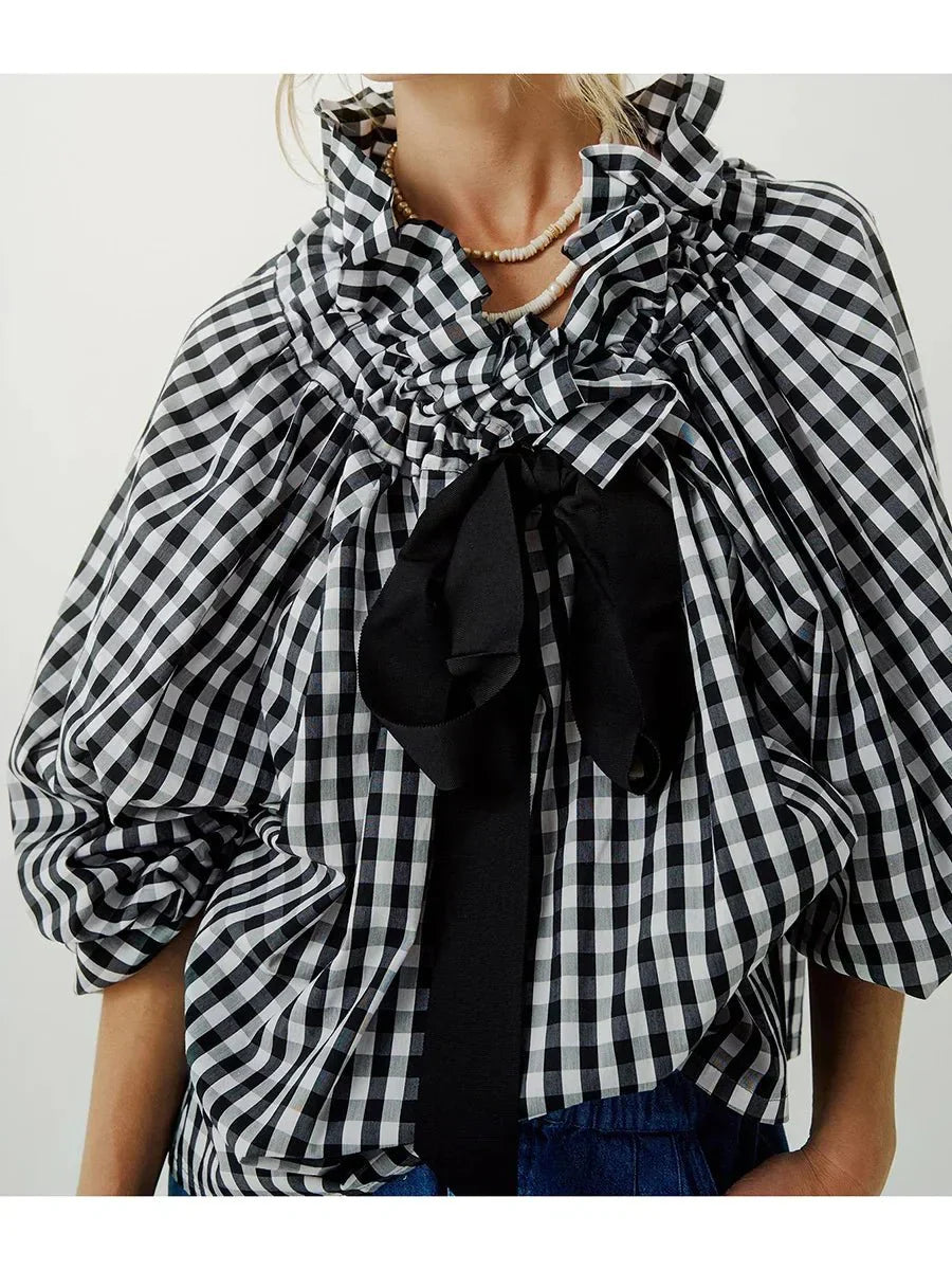 Women’s Ruffle Tie-Neck Blouse – Voluminous Puff Sleeves