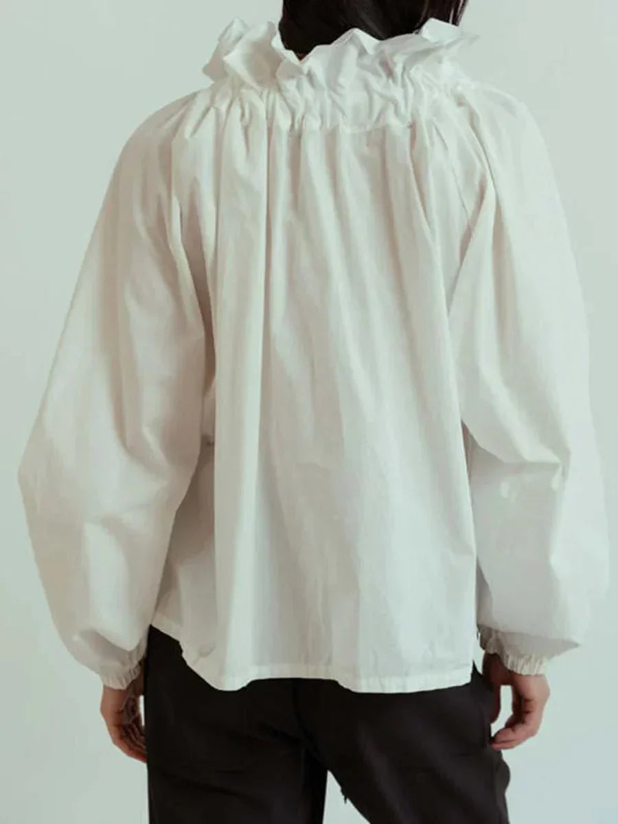 Women’s Ruffle Tie-Neck Blouse – Voluminous Puff Sleeves