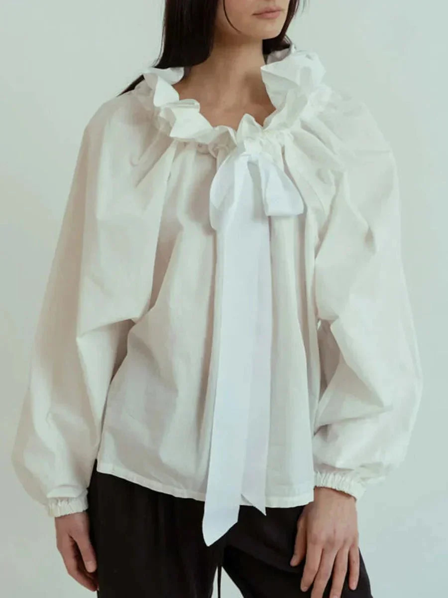 Women’s Ruffle Tie-Neck Blouse – Voluminous Puff Sleeves