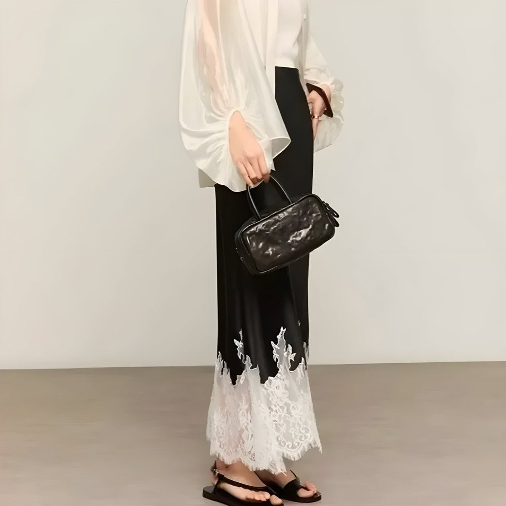 Women’s Satin Midi Skirt with Lace-Trim Hem