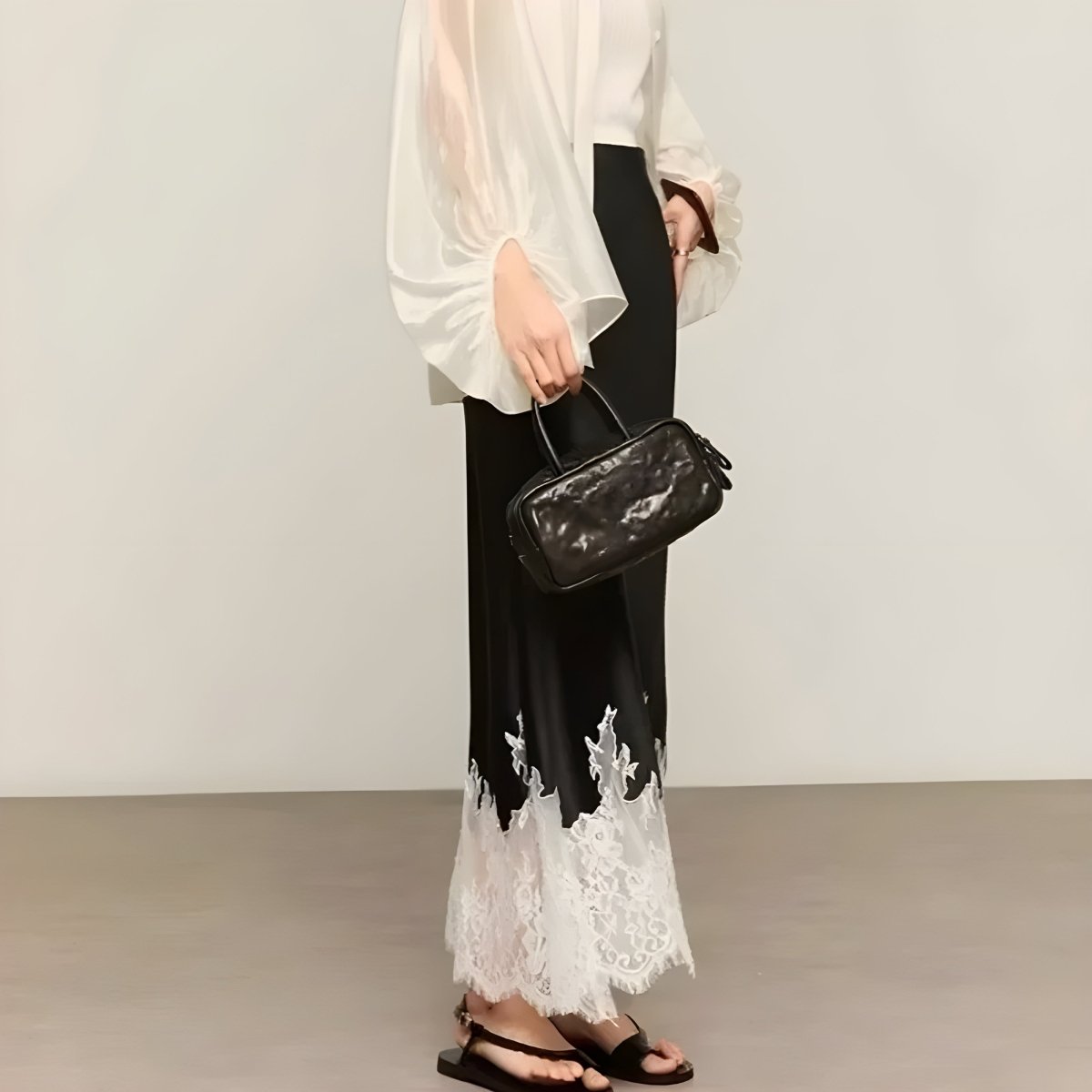 Women’s Satin Midi Skirt with Lace-Trim Hem
