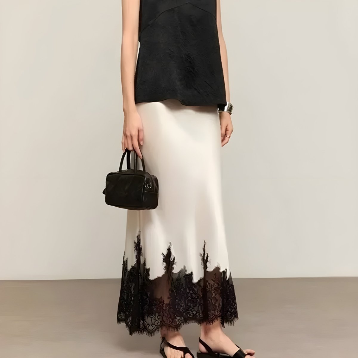 Women’s Satin Midi Skirt with Lace-Trim Hem