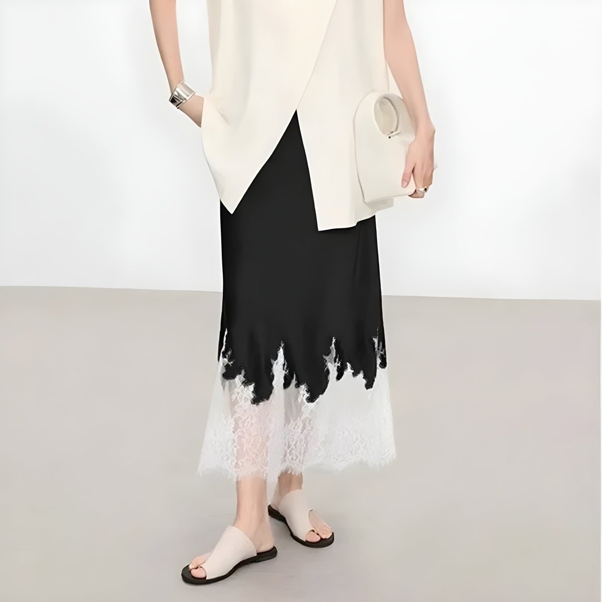 Women’s Satin Midi Skirt with Lace-Trim Hem
