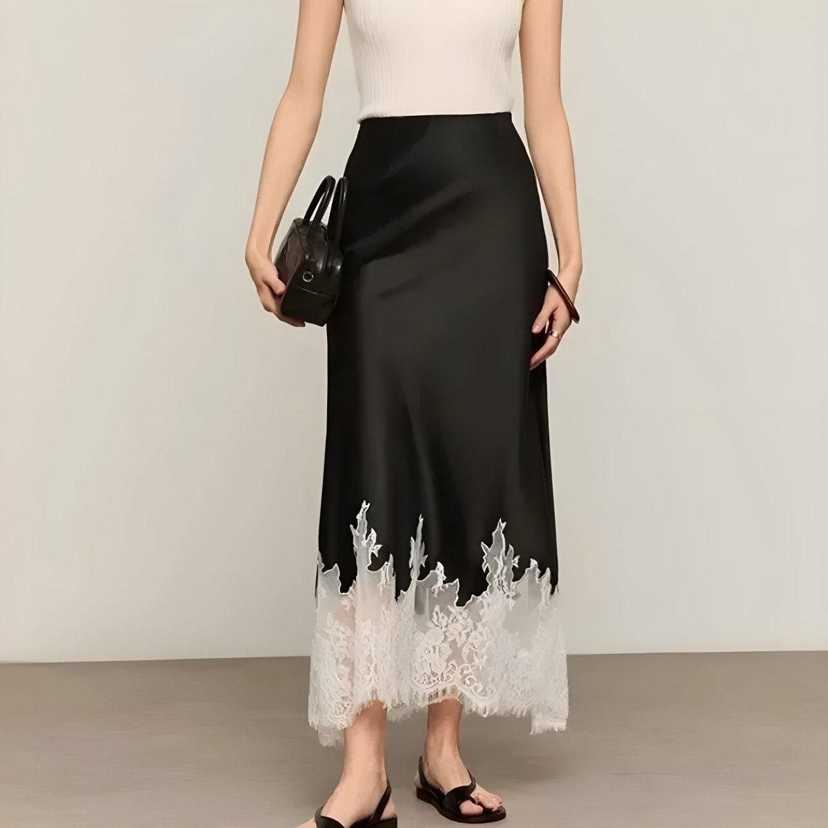Women’s Satin Midi Skirt with Lace-Trim Hem