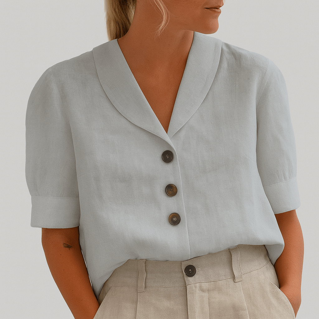 Women’s Short Sleeve Button-Up Blouse with V-Neck Collar