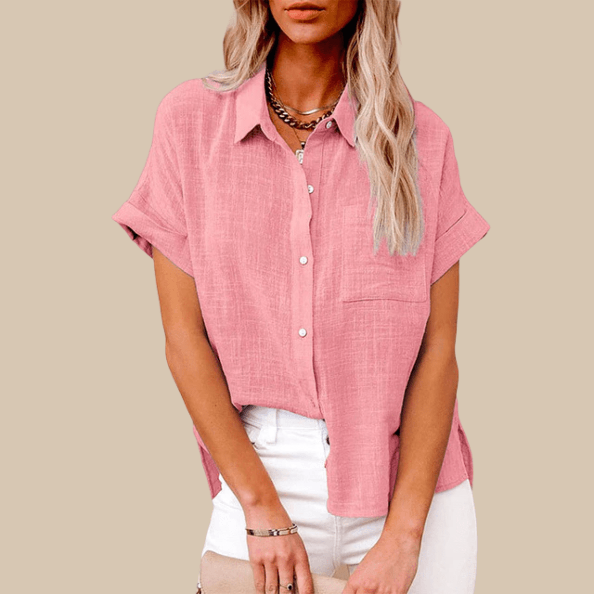 Women’s Short Sleeve Button-Up Shirt with Collared Neckline and Rolled Cuffs