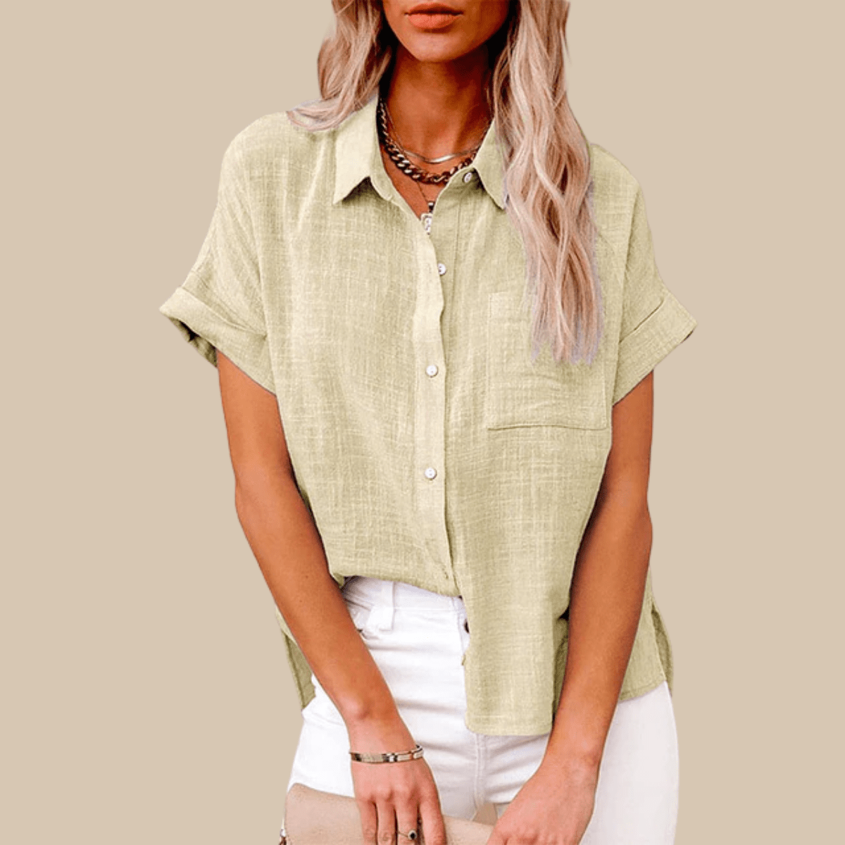 Women’s Short Sleeve Button-Up Shirt with Collared Neckline and Rolled Cuffs