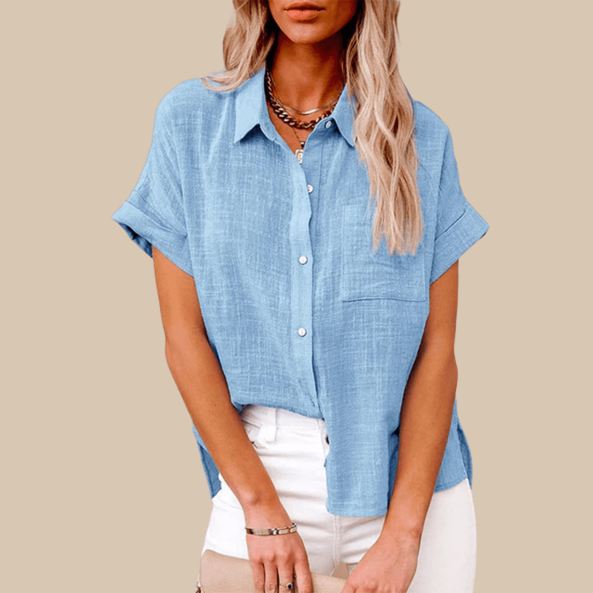 Women’s Short Sleeve Button-Up Shirt with Collared Neckline and Rolled Cuffs