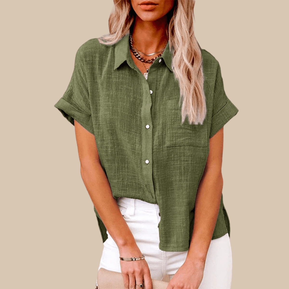 Women’s Short Sleeve Button-Up Shirt with Collared Neckline and Rolled Cuffs