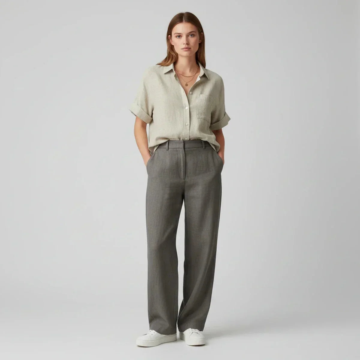 Women’s Short Sleeve Button-Up Shirt with Collared Neckline and Rolled Cuffs