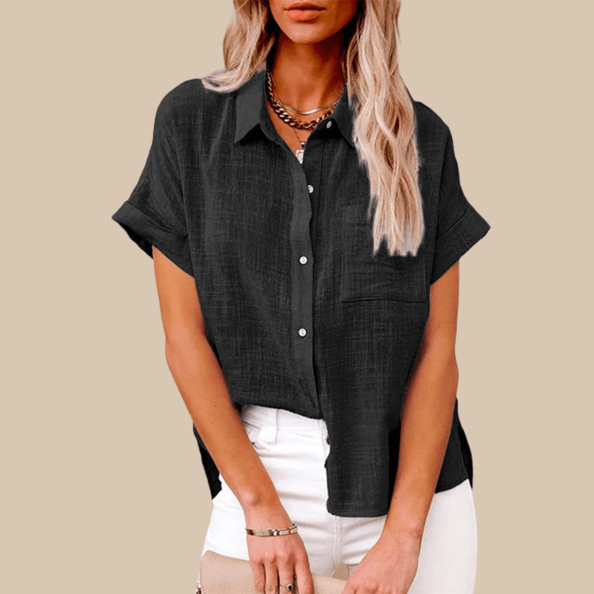Women’s Short Sleeve Button-Up Shirt with Collared Neckline and Rolled Cuffs