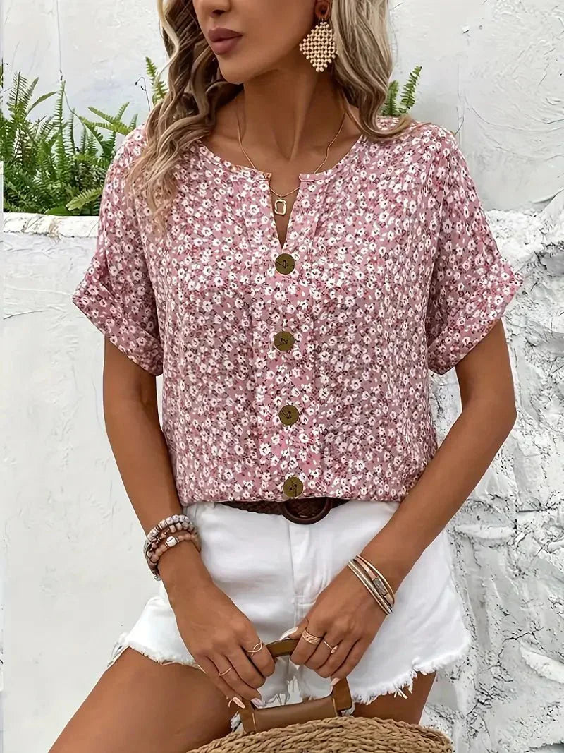 Women’s Short Sleeve Floral Blouse with Round Neck and Button Front