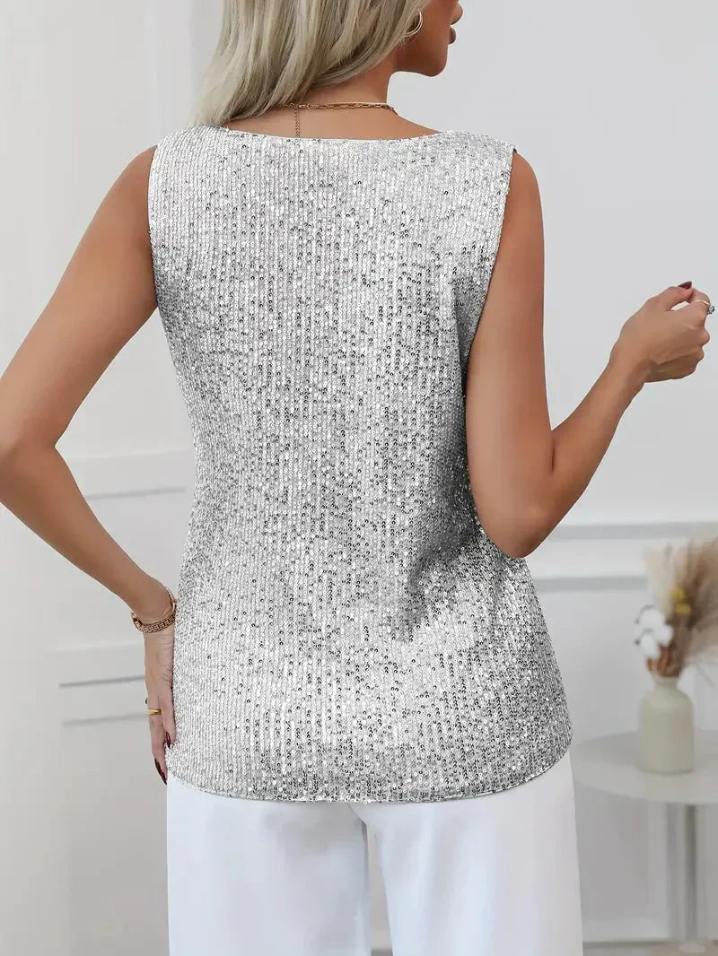 Women’s Sleeveless V-Neck Top with All-Over Sequin Detail