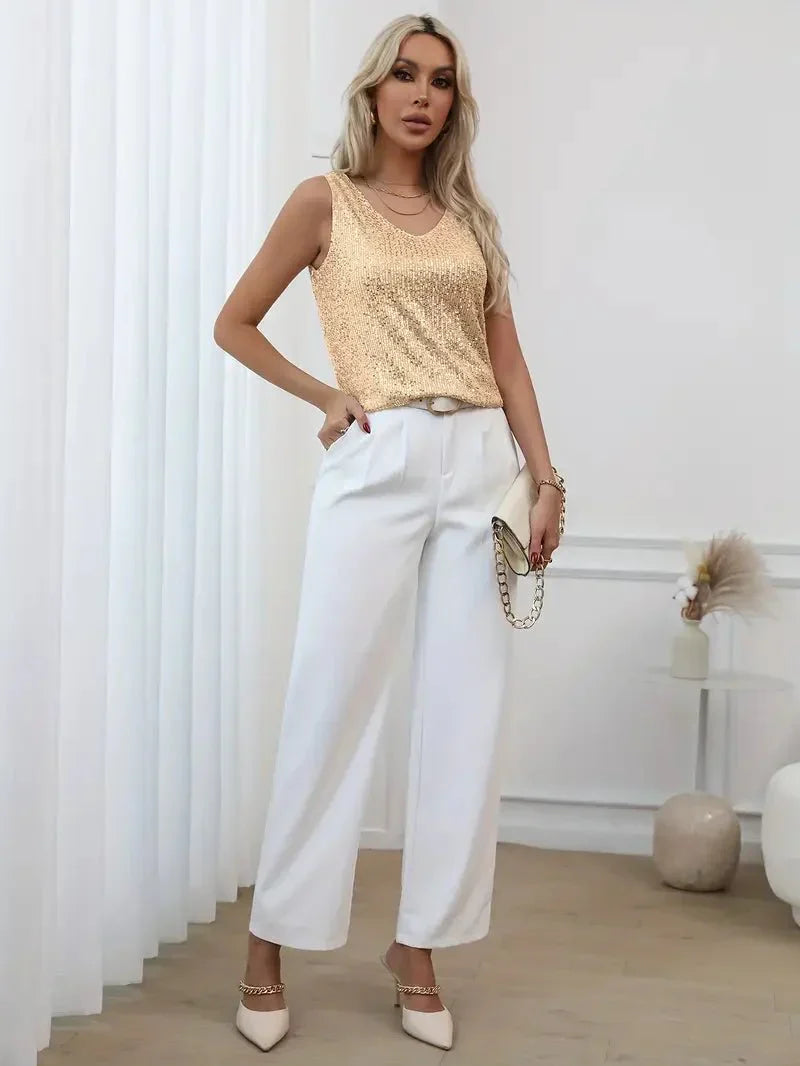 Women’s Sleeveless V-Neck Top with All-Over Sequin Detail